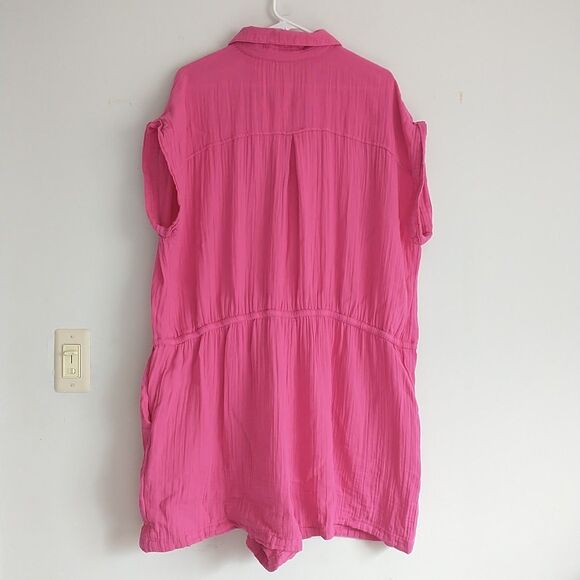 Old Navy Romper Shorts 2X Pink Cotton Gauzy Seersucker Collar Waist Tie Colorful - Picture 6 of 10